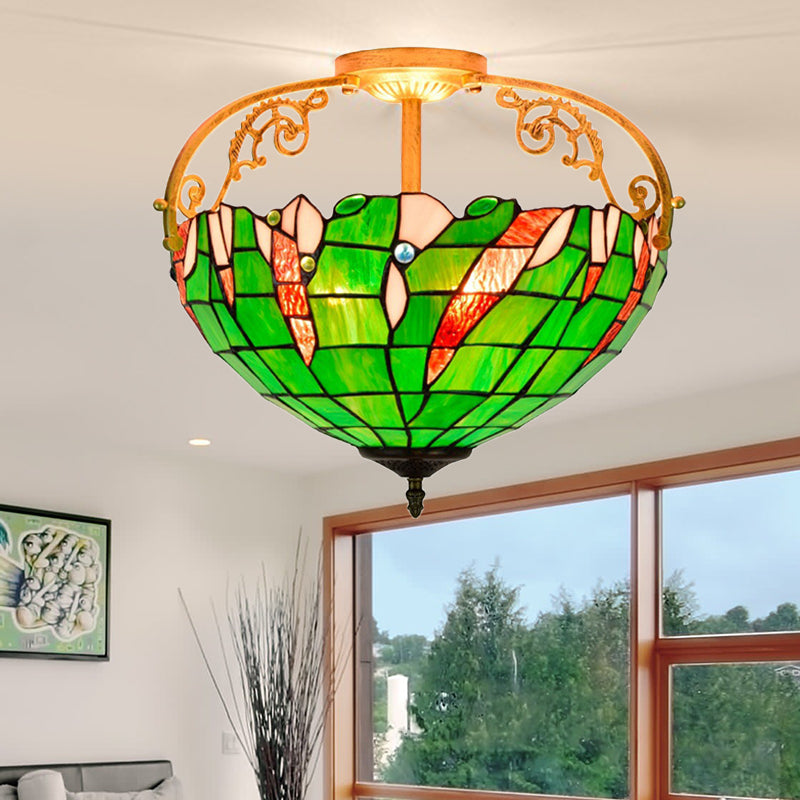 Tiffany Stained Glass Semi Flush Lighting for Bedroom - 3 Lights, Green Bowl Design