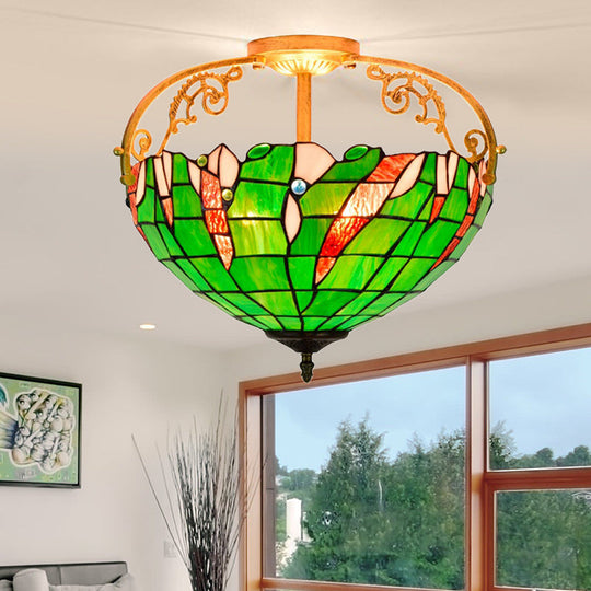 Tiffany Stained Glass Semi Flush Mount Ceiling Lamp - Green Bowl Design With 3 Lights For Bedroom