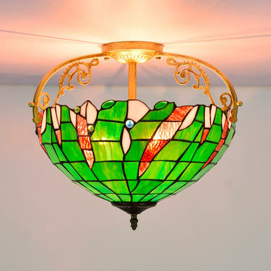 Tiffany Stained Glass Semi Flush Lighting for Bedroom - 3 Lights, Green Bowl Design