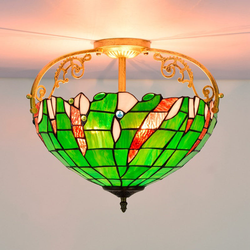 Tiffany Stained Glass Semi Flush Mount Ceiling Lamp - Green Bowl Design With 3 Lights For Bedroom