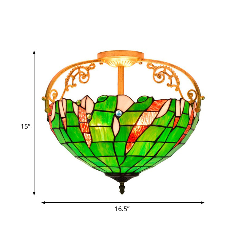 Tiffany Stained Glass Semi Flush Lighting for Bedroom - 3 Lights, Green Bowl Design