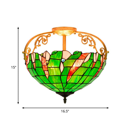 Tiffany Stained Glass Semi Flush Lighting for Bedroom - 3 Lights, Green Bowl Design