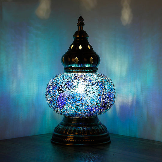 Mediterranean Blue Stained Glass Table Lamp With Tower Shape - Perfect For Bedroom Nightstand