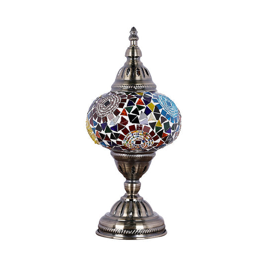 Mediterranean Style Red/Blue Stained Glass Nightstand Light - Nickel Tower Bedside Table Lamp