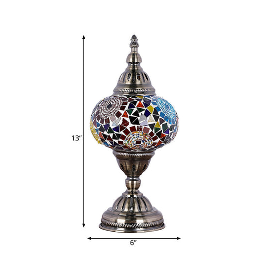 Mediterranean Style Red/Blue Stained Glass Nightstand Light - Nickel Tower Bedside Table Lamp