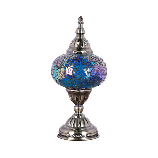 Mediterranean Style Red/Blue Stained Glass Nightstand Light - Nickel Tower Bedside Table Lamp