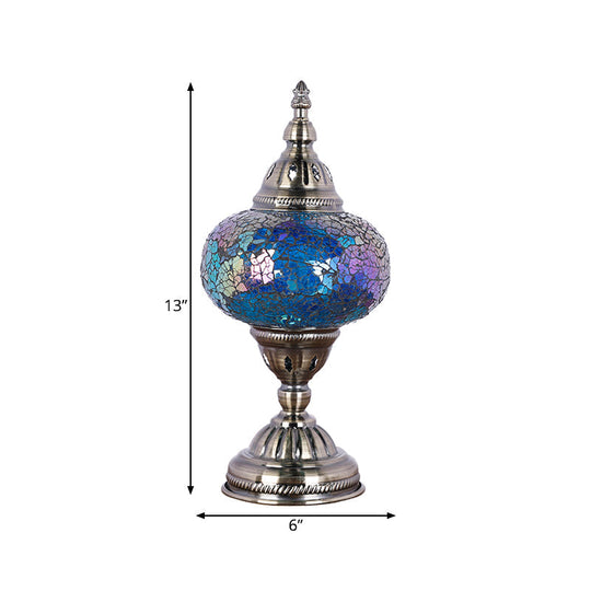 Mediterranean Style Red/Blue Stained Glass Nightstand Light - Nickel Tower Bedside Table Lamp