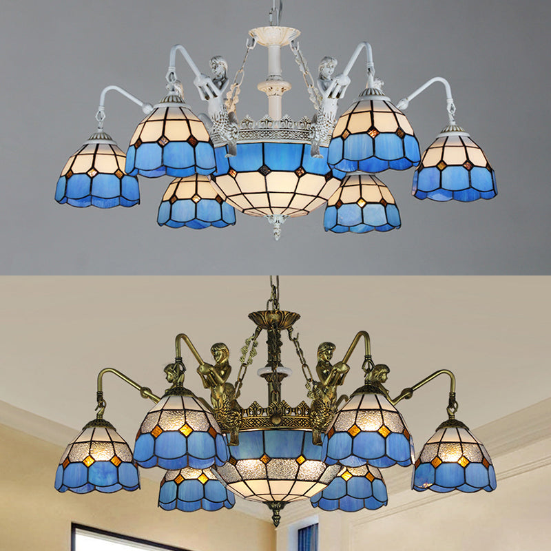 Tiffany Stained Glass Ceiling Chandelier with 9 Lights in Antique Brass/White Grid Pattern