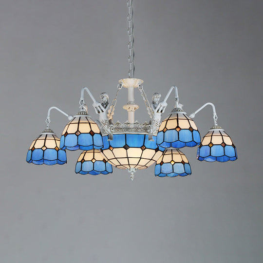 Tiffany Stained Glass Ceiling Chandelier with 9 Lights in Antique Brass/White Grid Pattern