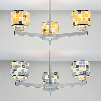 Modern Mosaic Chandelier with Drum Shade - 3 Lights, Blue/Yellow - Perfect for Bathrooms