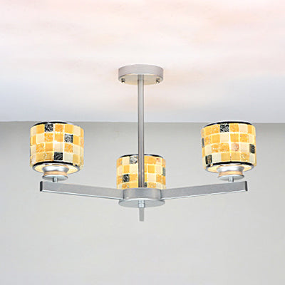 Modern Mosaic Chandelier with Drum Shade - 3 Lights, Blue/Yellow - Perfect for Bathrooms