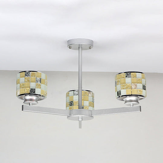 Mosaic Chandelier With Drum Shade - 3 Light Modern Pendant For Indoor Use In Blue/Yellow Ideal