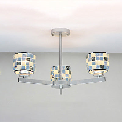 Modern Mosaic Chandelier with Drum Shade - 3 Lights, Blue/Yellow - Perfect for Bathrooms