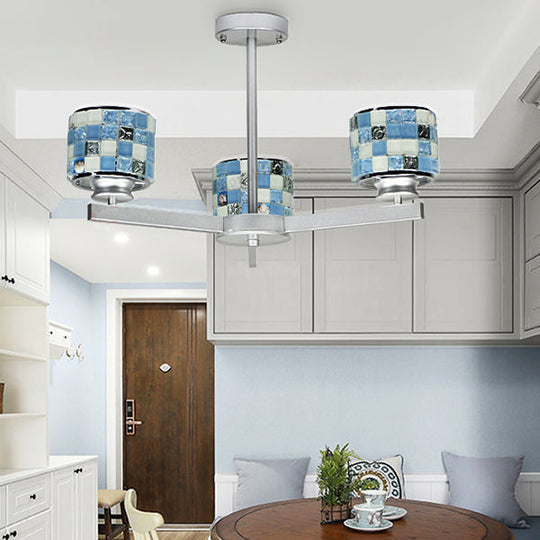 Modern Mosaic Chandelier with Drum Shade - 3 Lights, Blue/Yellow - Perfect for Bathrooms