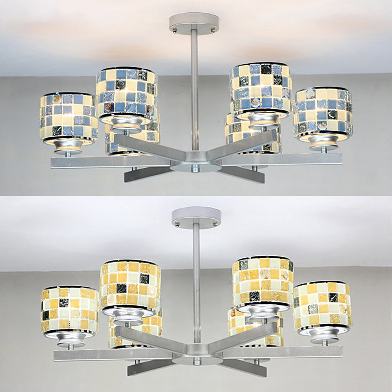 Blue/Yellow Glass Mosaic Ceiling Light with Chrome Finish - Modern 6-Light Hanging Chandelier