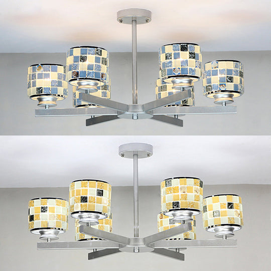 Blue/Yellow Mosaic Glass Ceiling Light With 6 Chrome Finish Hanging Bulbs