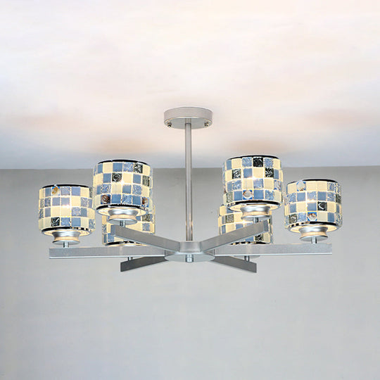 Blue/Yellow Glass Mosaic Ceiling Light with Chrome Finish - Modern 6-Light Hanging Chandelier