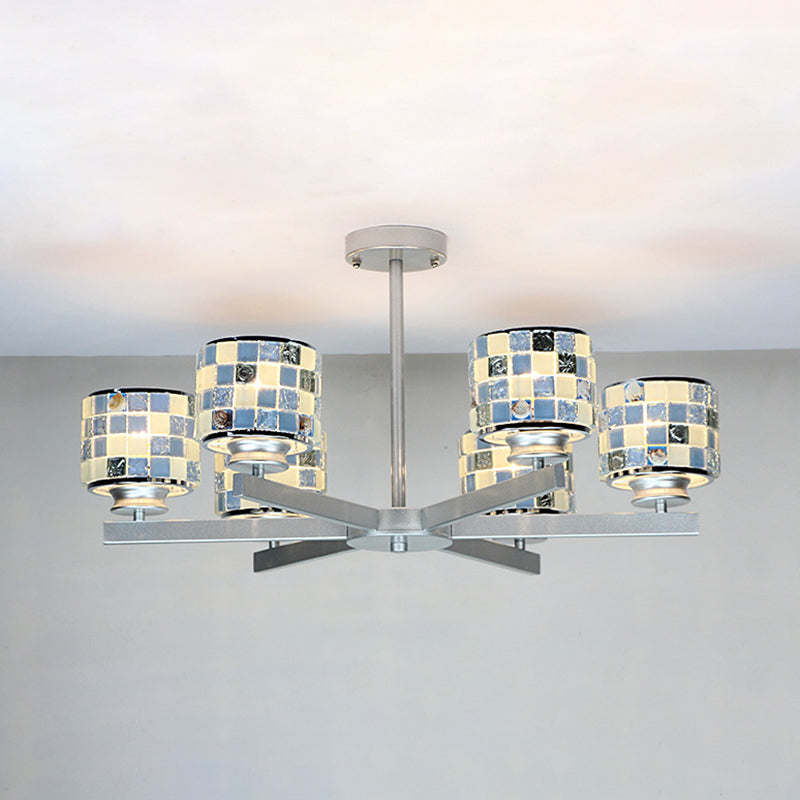 Blue/Yellow Mosaic Glass Ceiling Light With 6 Chrome Finish Hanging Bulbs