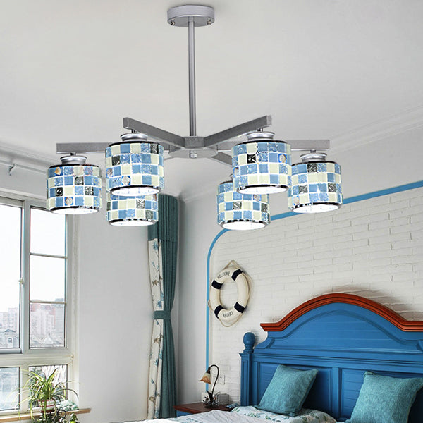 Blue/Yellow Glass Mosaic Ceiling Light with Chrome Finish - Modern 6-Light Hanging Chandelier