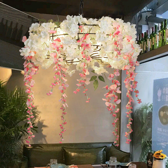 Industrial Metal Chandelier With Pink Flower Decoration - 4/5 Lights Restaurant Hanging Light