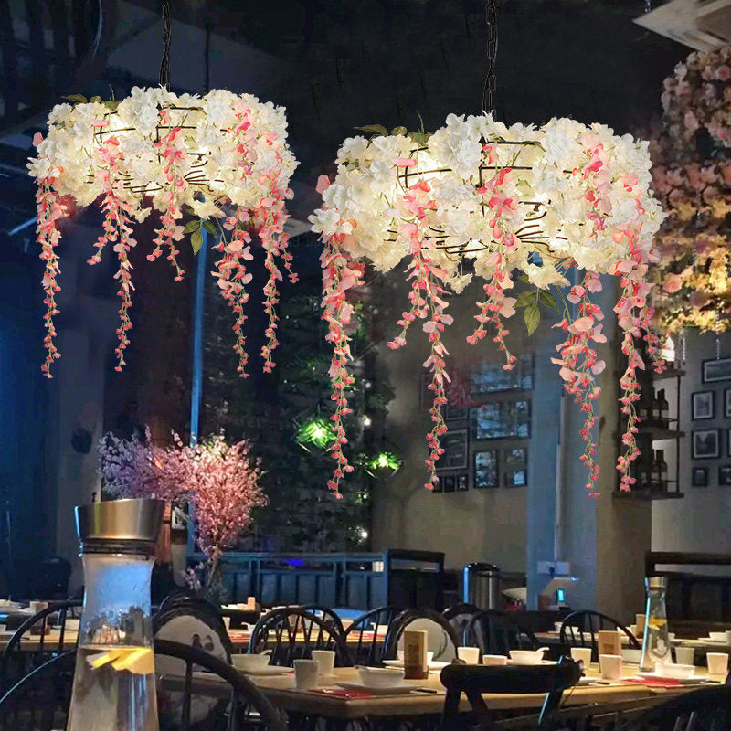 Industrial Metal Chandelier With Pink Flower Decoration - 4/5 Lights Restaurant Hanging Light