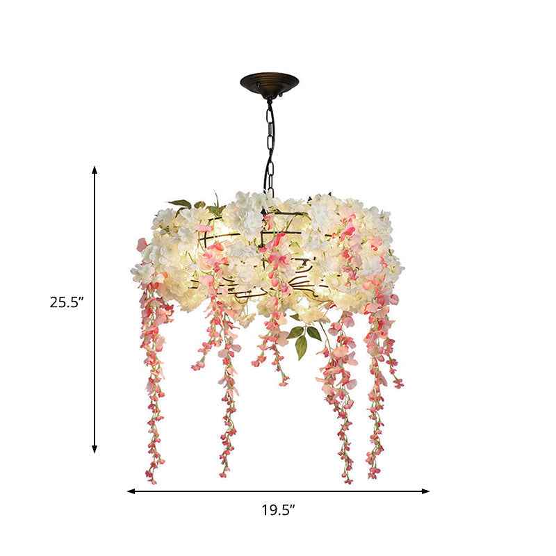 Industrial Metal Chandelier With Pink Flower Decoration - 4/5 Lights Restaurant Hanging Light