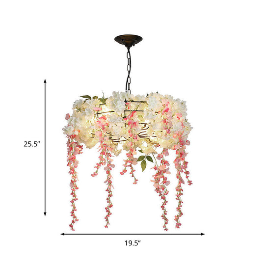 Industrial Metal Chandelier With Pink Flower Decoration - 4/5 Lights Restaurant Hanging Light