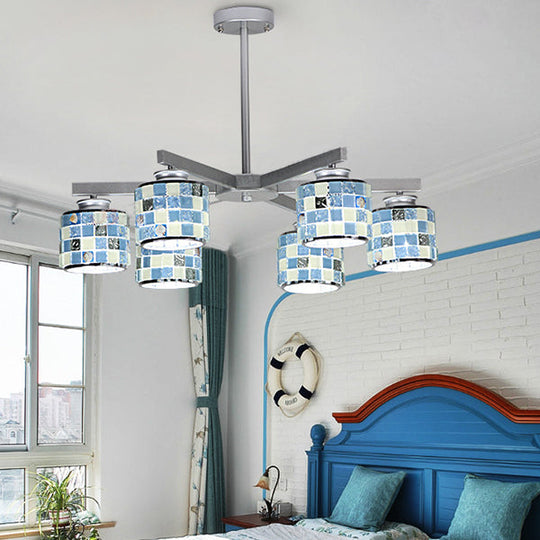 Blue/Yellow Mosaic Glass Ceiling Light With 6 Chrome Finish Hanging Bulbs Blue