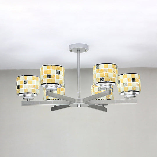 Blue/Yellow Mosaic Glass Ceiling Light With 6 Chrome Finish Hanging Bulbs Yellow