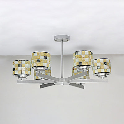 Blue/Yellow Glass Mosaic Ceiling Light with Chrome Finish - Modern 6-Light Hanging Chandelier