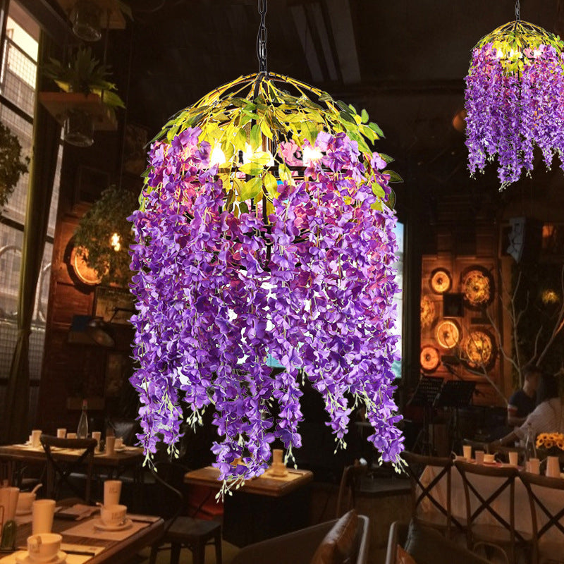 Metal Dome Pendant Chandelier With Pink/Purple Shades & Plant Design - 4/5 Heads 18/21.5 Wide