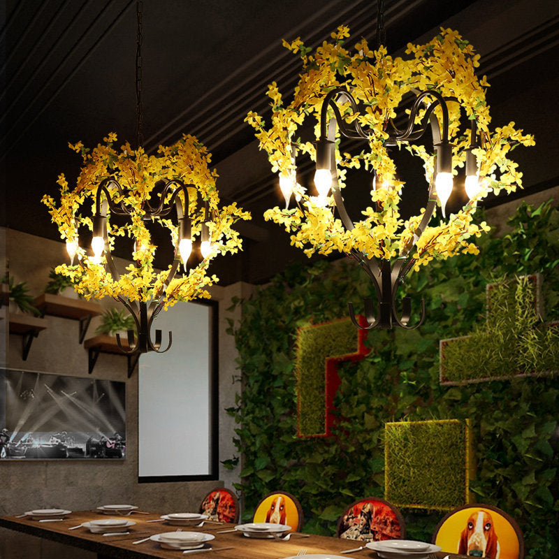 Industrial Yellow Metal Chandelier Light - 5 Heads Lantern Ceiling Pendant with Flower Decoration