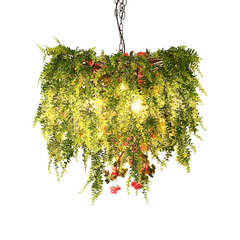 Green LED Industrial Metal Chandelier with Plant Decoration - 18"/23.5"/31.5" Wide