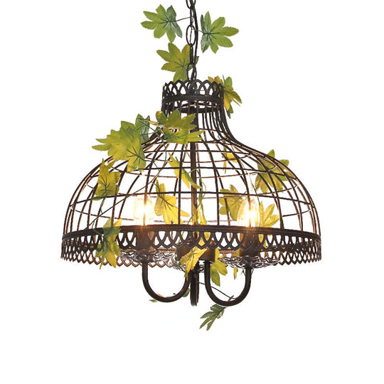 Industrial Metal Dome Pendant Light with 3 Heads and Flower Decoration - Black