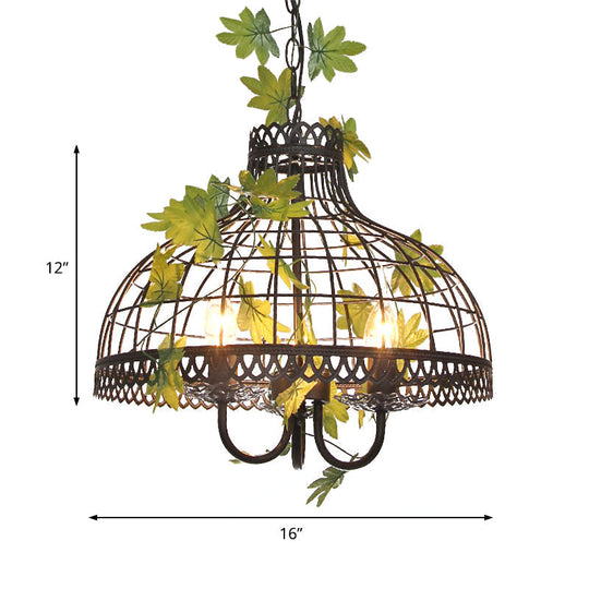 Industrial 3-Head Metal Dome Pendant Light For Restaurants - Black Chandelier With Flower Decoration