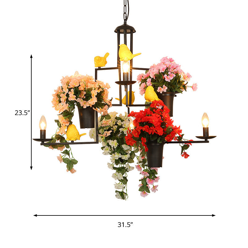 Industrial Black Metal Chandelier Pendant Light With 6-Head Candelabra And Flower Decoration