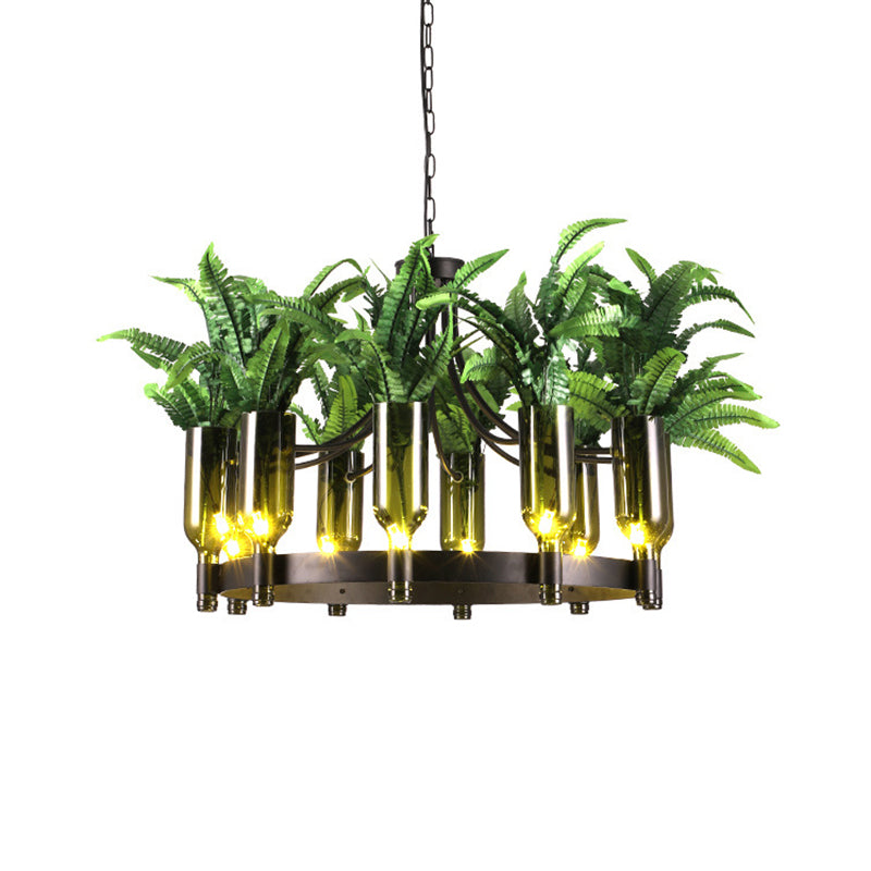 Industrial Metal 10-Head Green Chandelier Ceiling Lamp With Plant Décor For Restaurants