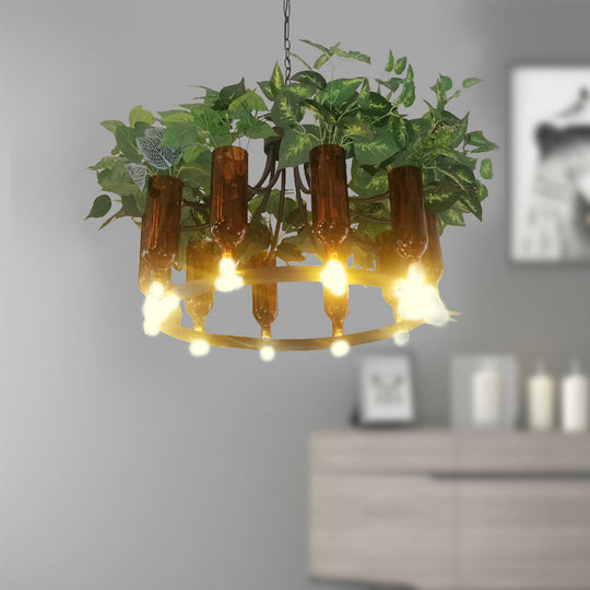 Green Wagon Suspension Light - Industrial Metal 10-Head Chandelier with Plant Deco - Perfect for Restaurants