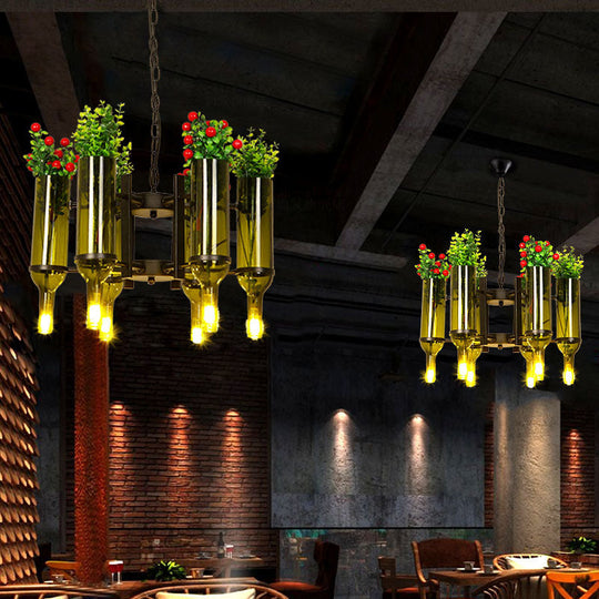 Green Metal 6-Head Industrial Chandelier Pendant Light with Plant Design