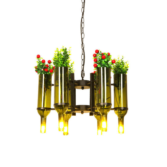 Industrial Chandelier Pendant Light - Metal Green Radial 6-Head Fixture With Plant Design