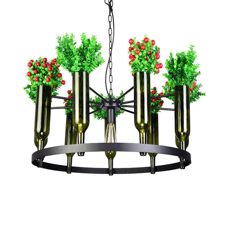 Industrial Green Metal Chandelier with Plant Decoration - 7/10 Head Round Ceiling Light