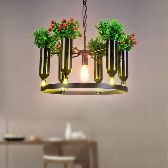 Industrial Green Metal Chandelier with Plant Decoration - 7/10 Head Round Ceiling Light