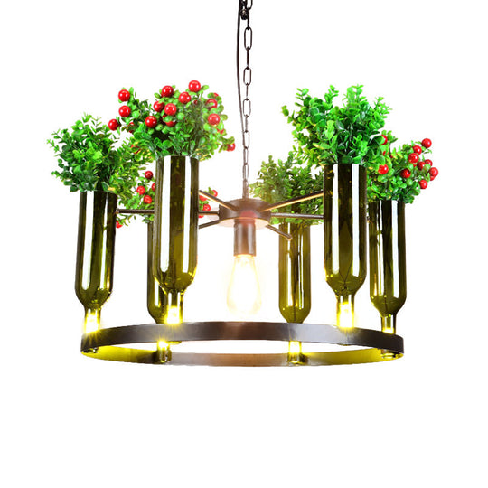 Industrial Green Metal Chandelier with Plant Decoration - 7/10 Head Round Ceiling Light