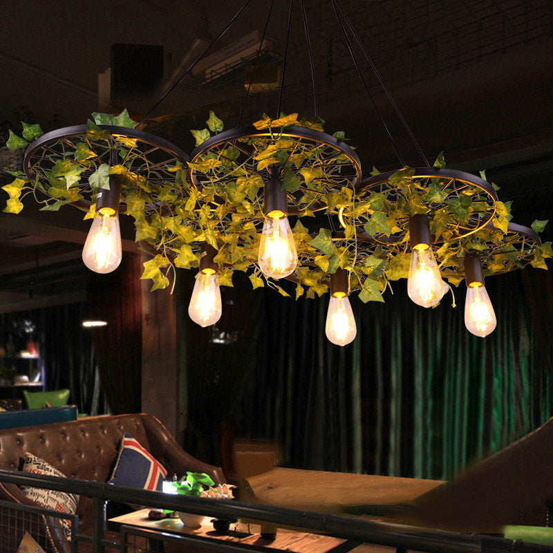 Industrial Metal Ceiling Lamp with Plant Decor and Multiple Heads for Restaurant