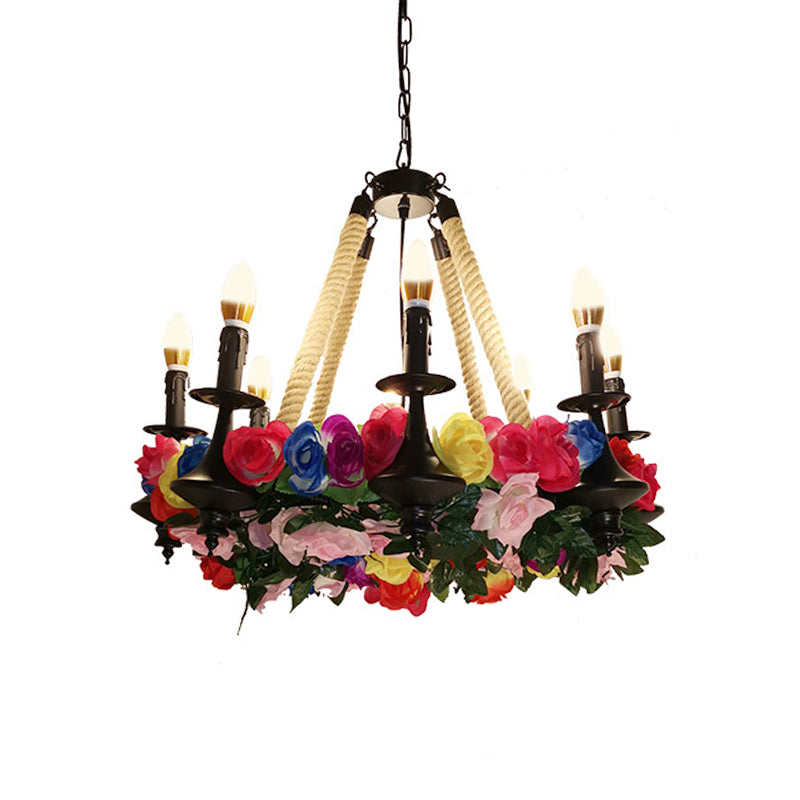 Lara - Vintage Vintage Candle Chandelier Light Fixture 6 Heads Hemp Rope LED Flower Pendant Lamp in Black for Restaurant