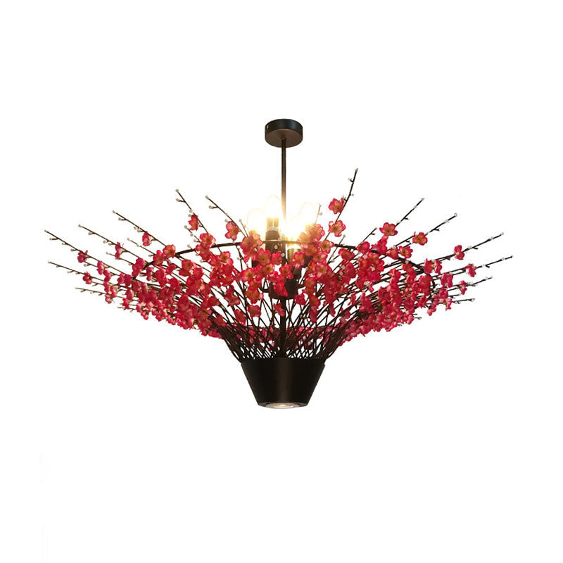 Floral Metal Chandelier Pendant Light - Antique 4-Light Led Suspension Lamp In Pink 31.5 Or 39 Width