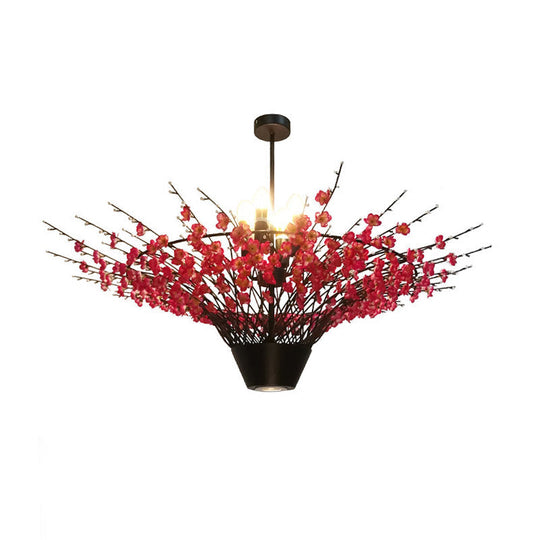 Floral Metal Chandelier Pendant Light - Antique 4-Light Led Suspension Lamp In Pink 31.5 Or 39 Width