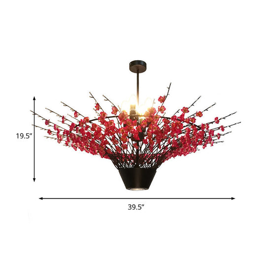 Floral Metal Chandelier Pendant Light - Antique 4-Light Led Suspension Lamp In Pink 31.5 Or 39 Width