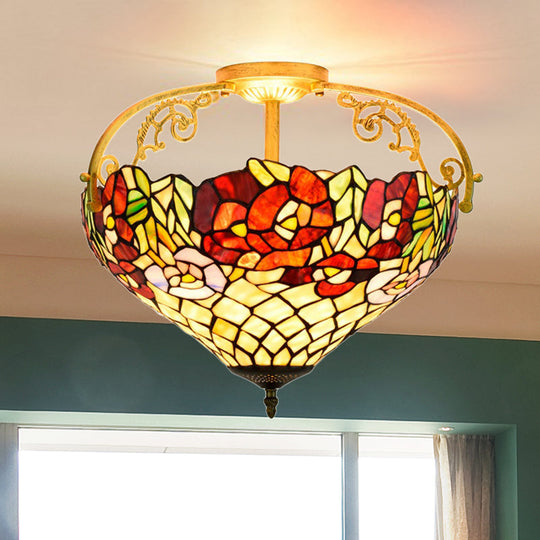 Blossom Stained Glass Semi Flush Ceiling Light Fixture - Tiffany Style - 3 Lights - Yellow