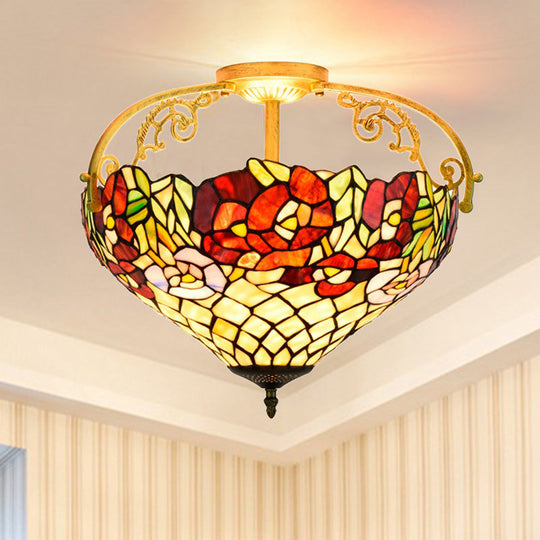 Blossom Stained Glass Semi Flush Ceiling Light Fixture - Tiffany Style - 3 Lights - Yellow